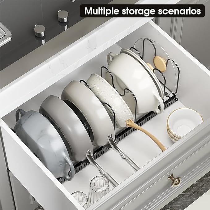 Expandable Pots and Pans Organizer Rack, Pot Lids Cutting Boards Kitchen Cabinet Organizer with 7 Adjustable Compartments, Cookware Bakeware Rack for Kitchen Cabinet Countertop Storage(Black)
