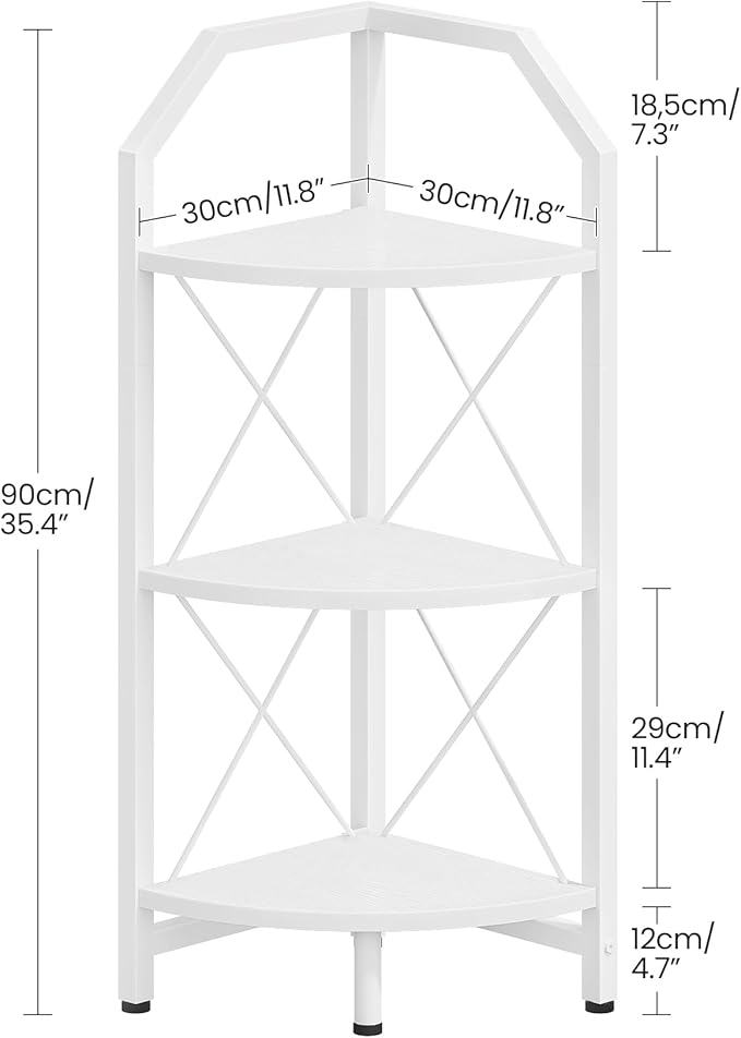 3-Tier Corner Shelf, Industrial Corner Bookshelf, 35.4" Storage Stand, Plant Stand Display Shelf, Bookcase for Bedroom, Living Room, Home Office, White TCJ03WB