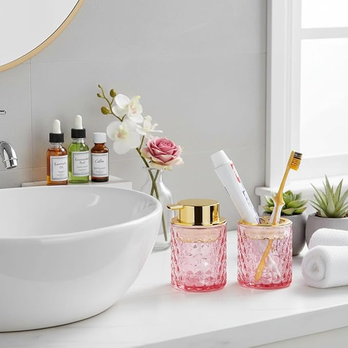 Pink Bathroom Accessories Set,2pcs Glass Bathroom Accessory Set with Foam Soap Dispenser and Toothbrush Holder,Gold Soap and Toothbrush Holder Sets,Perfect for Housewarming Gift,Home Decor
