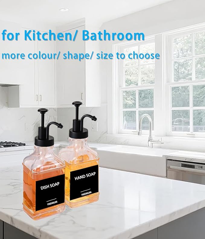 Dish Soap Dispenser for Kitchen, Hand Glass Soap Dispenser Set with Pump, Funnel for Bathroom, Shower, Laundry, Liquid, Lotion (Black 2 Pack 18 Oz Clear Bottles with 12 Stickers)