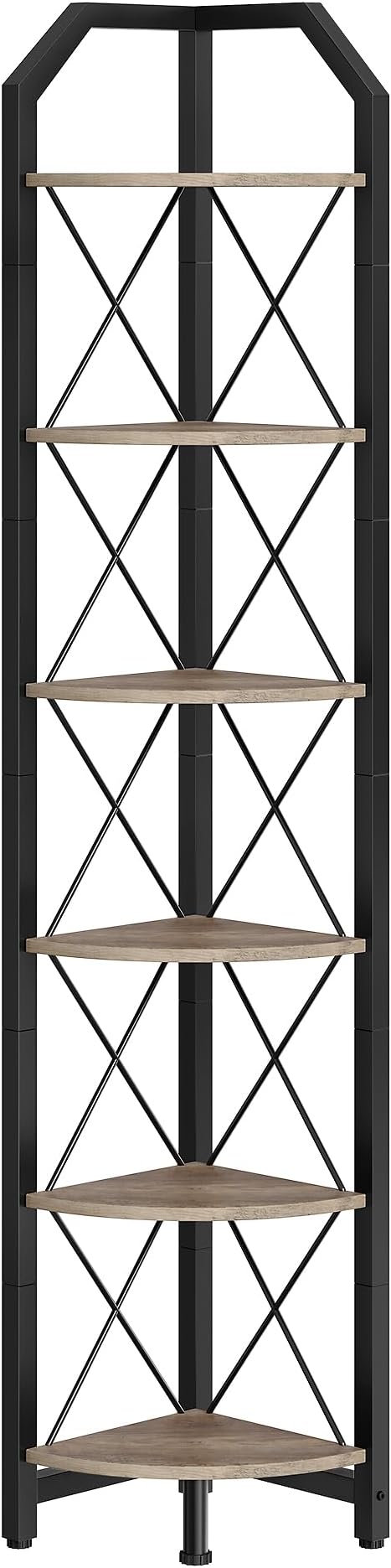 6-Tier Corner Shelf, Industrial Corner Bookshelf, 71.2" Corner Storage Stand, Plant Stand Display Shelf, Corner Bookcase for Bedroom, Living Room, Home Office, Greige and Black TCJ11BG