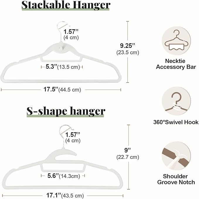 Velvet Hangers 50 Pack, S-Shaped and Stackable Non Slip with 360°Swivel Hook, Ultra Thin and Space Saving Flocked, for Suits, Shirts, Coats, 15Lbs Capacity Heavy Duty, White