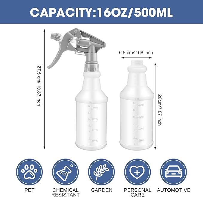Eccliy 20 Pack 16oz Empty Spray Bottles, Leakproof Cleaning Bottles with Measurement and Adjustable Nozzle for Housekeeping, Commercial Use(Cylinder,Gray Spray Head)