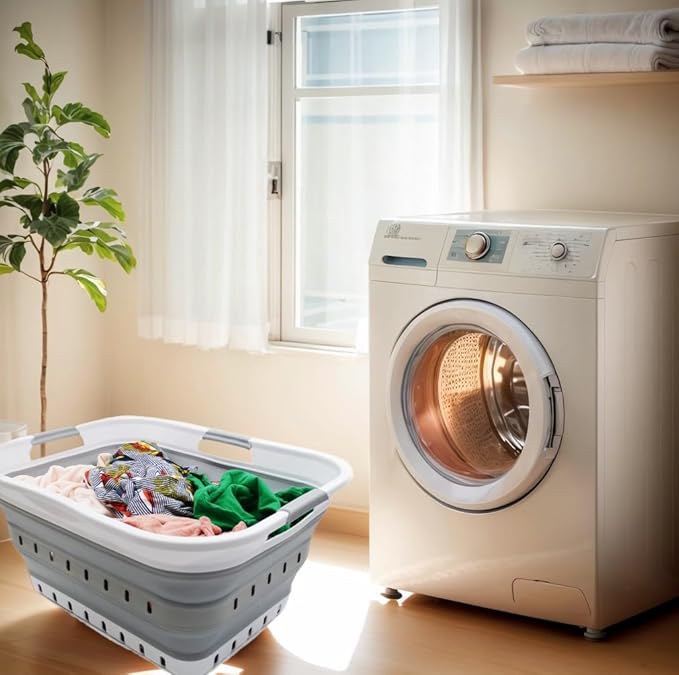 SAMMART 42L (11 gallon) Collapsible Plastic Laundry Basket - Foldable Pop Up Storage Container/Organizer - Portable Basket - Space Saving Hamper/Basket (2, White/Grey)