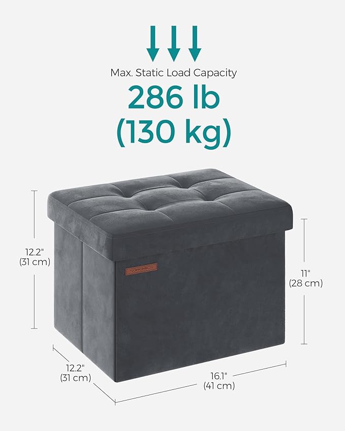 SONGMICS Storage Ottoman, Foldable Small Ottoman Foot Rest, 12.2 x 16.1 Inches Foot Stool, Load up to 286 lb, for Living Room, Bedroom, Dorm, Slate Gray ULSF200G01
