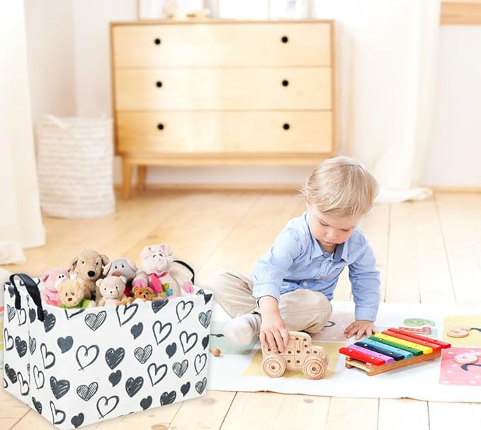 Rectangular Kids Baskets,Heart Storage Bins Organizer.Cute Storage Bin with Handles. Kids Basket,Girls Room Decor,Books Basket, Gifts Bins Empty.(Black Heart)