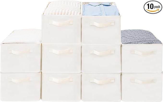 Storage Basket Bins with Metal Frame, Large Collapsible Fabric Storage Baskets for Organizing Shelf, Basket Organizer W/Handles for Blankets, Towels, Laundry, Shelves, 10-Pack, Beige