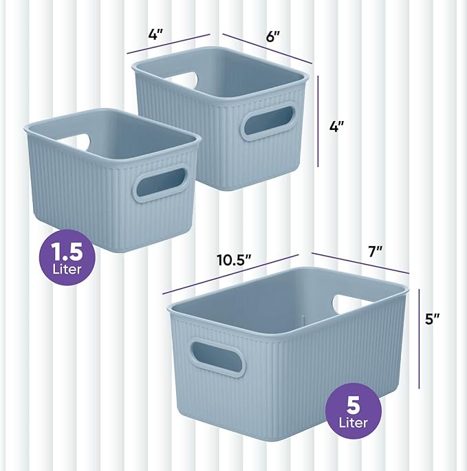 Decorative Plastic Basket Open Home Storage Bins Organizer Baskets, Blue (Set of 3) 1 Medium, 2 Small - Container Boxes for Organizing Closet Storage Bins for Shelves Drawer Shelf - Ribbed Collection