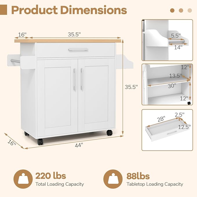 COSTWAY Kitchen Island On Wheels, Rolling Storage Trolley Cart with Large Cabinet, Drawer, Spice Rack and Towel Rack, Kitchen Serving Utility, 3-Position Adjustable Shelf (White)