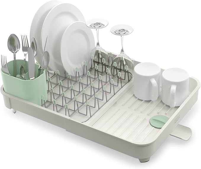 Joseph Joseph Extend Expandable Dish Drainer Rack with Removable Flatware Holder Swivel Draining Spout - Stone/Sage Green