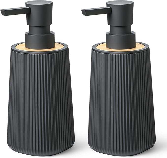 Black Hand Soap Dispenser with Bamboo Decor and No Rust Pump for Bathroom and Kitchen Countertops Refillable Striped Matte Plastic 8.5 oz