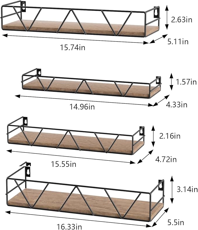 Floating Shelves Set of 4, Home Wood Wall Shelf, Farmhouse Shelf for Bedroom, Wall Mounted Floating Shelf for Living Room, Bedroom, Bathroom, Kitchen, Office (Brown)