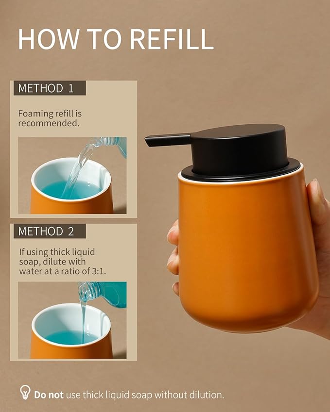 BosilunLife Foam Hand Soap Dispenser - 12 oz Bathroom Hand Pump Dispenser Foaming Soap Dispenser Ceramic Dish Wash Dispenser for Kitchen, Orange