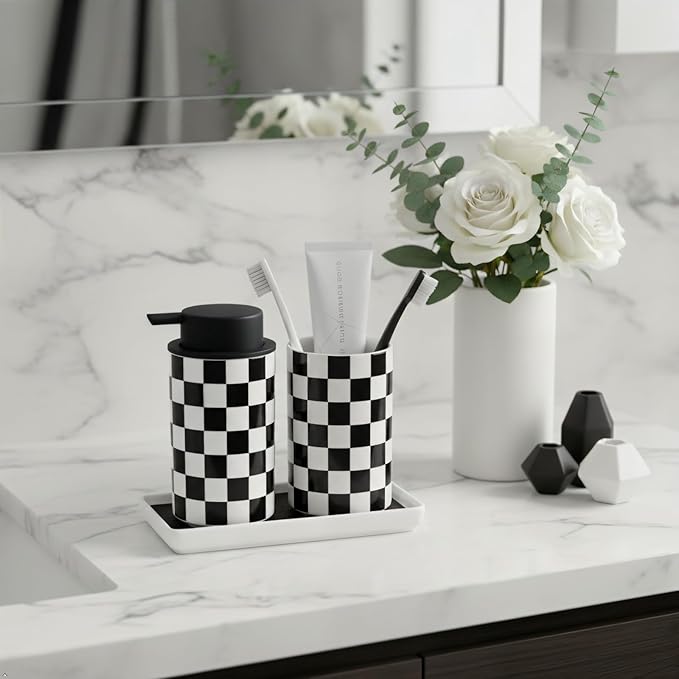 Bathroom Toothbrush Holder Set, Ceramic Soap Dispenser and Tooth Brush Holder Set, Modern Bathroom Accessories Sets Countertop, Black and White Checkered Bathroom Decor Set