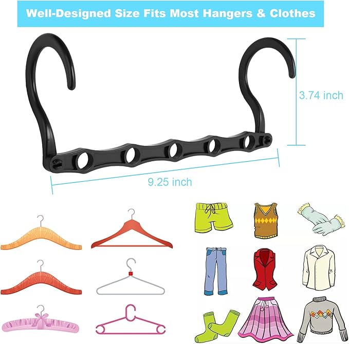 DUCOO 10 PCS Space Saving Hangers, 5-Hole Magic Hangers - Sturdy Plastic Hanger, Closet Organizers for Clothes Storage, College Dorm Essentials, Home Organization (Black)