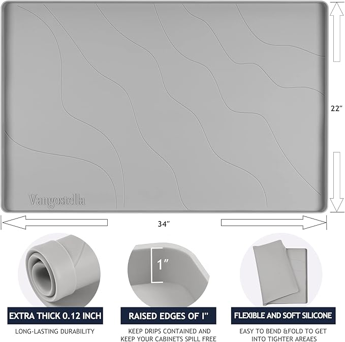 Heavy Duty Silicone Under Sink Mats for Kitchen Waterproof 31" x 22", Extra Thick Under Sink Rubber Mat Drip Tray, Raised Edge Under Sink Liner,Prevent Drips, Leaks, Spills,Grey