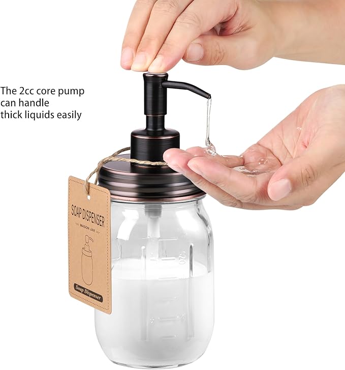 SheeChung 16 Oz Mason Jar Liquid Soap Dispenser, Glass Hand Soap Dispenser, Stainless Steel Pump Lid, Refillable Lotion Dispensers for Bathroom Countertop Kitchen (2, Oil Rubbed Bronze)