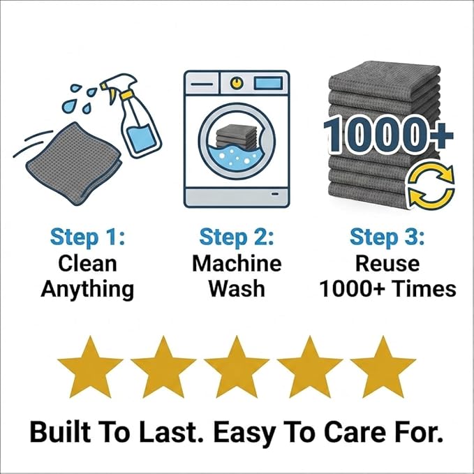 Waffle Weave Microfiber Towel, 12 x 12 inches, Barista Towels, Lint Free Cloth, Glass Towels, Waffle Towels Car Detailing, 6 Pack Premium Microfiber Cleaning Cloth
