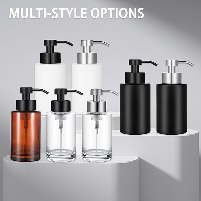 Foaming Soap Dispenser Set, 12 Oz Glass Hand Soap Dispenser with 304 Rust Proof Stainless Steel Pump, Waterproof Labels, for Bathroom Decor Kitchen College Dorm, White Silver Pump 2 Pack