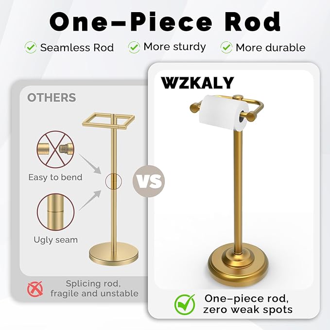 WZKALY Toilet Paper Holder Stand, Brushed Brass Toilet Paper Holder Free Standing, Post Pivoting Design & Stable Weighted Base SUS304 Stainless Steel for Bathroom(Mega Roll)