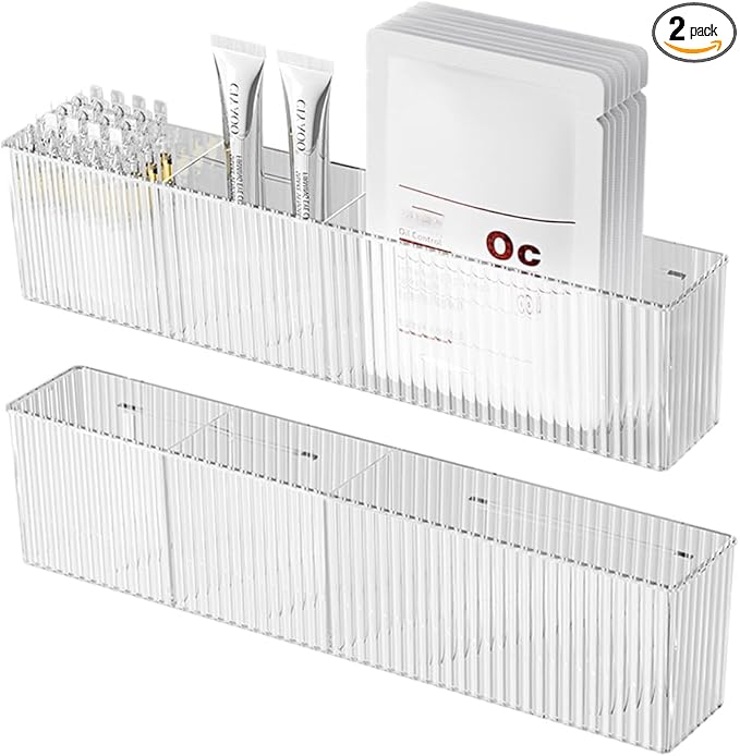 2Pack Floating Bathroom Shelves,Wall Mount Organizer,Long Narrow Clear Cabinet Door Organizer, Acrylic Shelves for Wall,No Drilling, Come With Self Adhesive Tape, for Kitchen, Office Desk