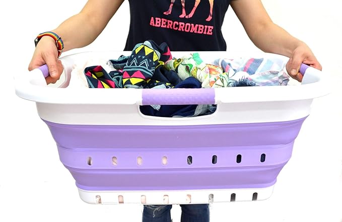 SAMMART 41L Collapsible 3 Handled Plastic Laundry Basket - Foldable Pop Up Storage Container/Organizer - Portable Basket - Space Saving Hamper/Basket (3 handled rectangular, White/Lt. Purple)