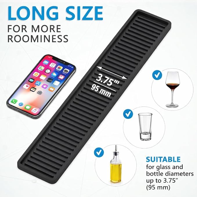 ZAPPOWARE Silicone Kitchen Sink Caddy Sponge Holder 17.7"x 4.33", Black - Bathroom Vanity Tray Organizer, Kitchen Soap Tray for Dish Scrubber, Soap Dispenser and Sponge