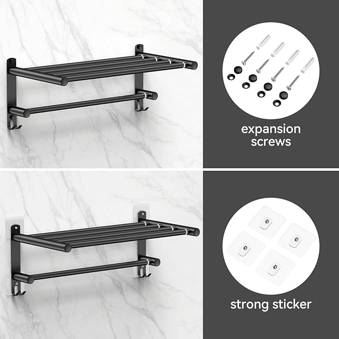 CAXIMSY Black Adjustable Towel Bar for Bathroom Wall Mount17-30.7inch Adhesive Shower Towel Rack Stainless Steel Bath Towel Holders for Toilet Kitchen Double Towel Hanger (Black 2-Layer Towel Rack)