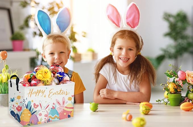Rectangular Easter Baskets, Kids Easter Storage Bins Organizer.Cute Storage Basket with Handles.Boys and Girls,Easter Bunny Eggs Decor,Toys,Books,Easter Gifts (Easter Eggs)