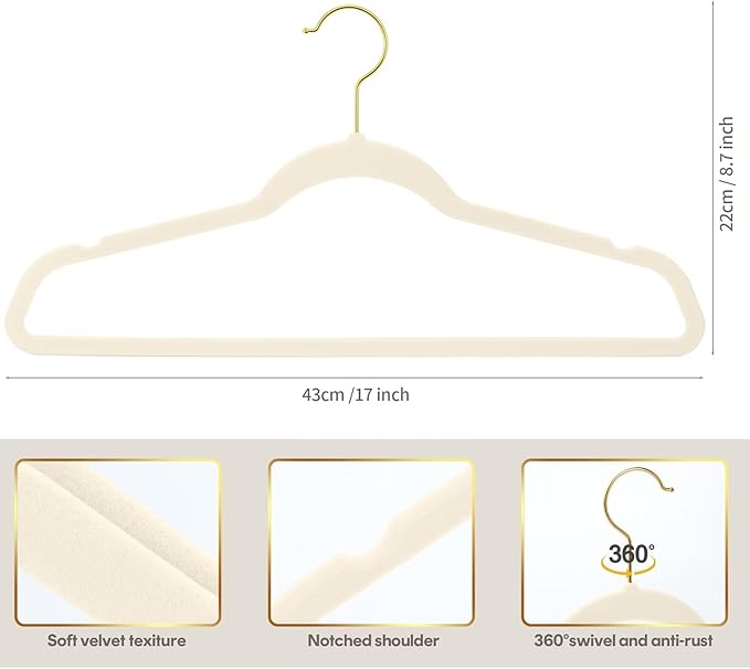 36-Pack Premium Velvet Hangers with Gold Hooks - Space-Saving Non-Slip Heavy-Duty Clothes Hangers for Coats, Suits, Dresses, and Sweaters - Slim Design, Closet Organizer(Ivory + Gold)