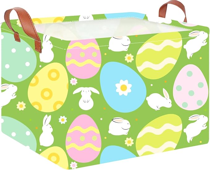 CLOCOR Rectangular Easter Basket Empty, Easter Gift Basket, Waterproof Storage Box with Handles,Room Decor(Green Easter Basket)