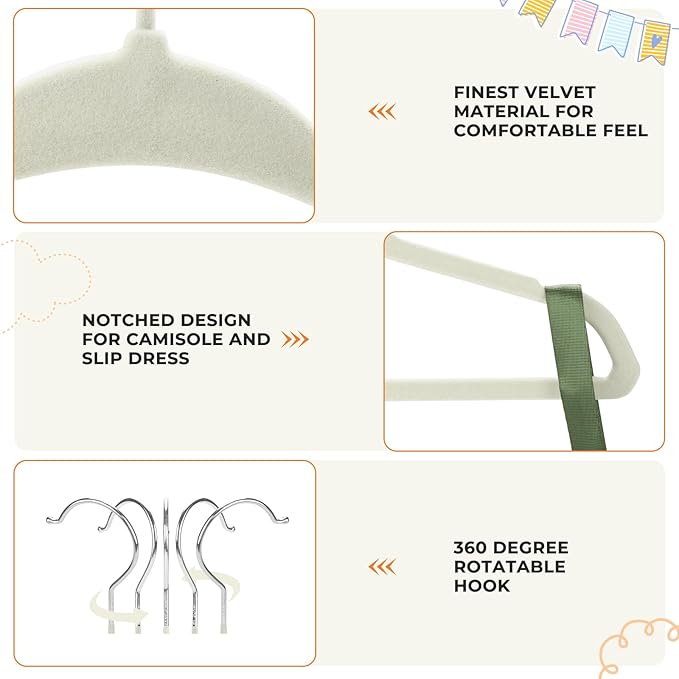 Velvet Baby Hangers with Clips (30 Pack) | 11” Ultra-Slim Baby Clothes Hangers | Non-Slip Felt | Space-Saving Nursery & Infant Closet Organizer | Beige