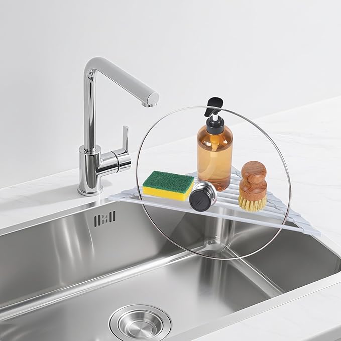 Triangular Sink Rack, Multi-Functional Rack Above The countertop, Foldable Sink Drying mat, Heat-Resistant, Non-Slip, and Rust-Proof Dish Rack (Gray)