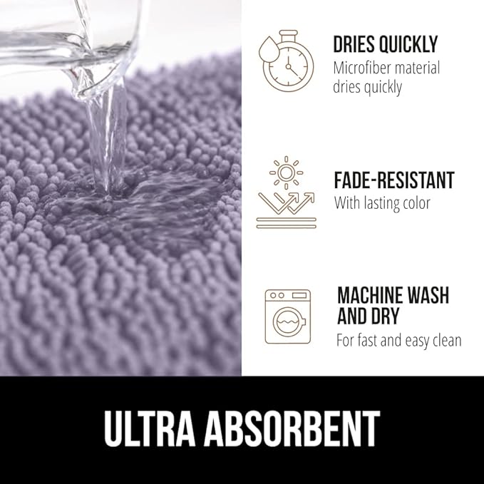 GORILLA GRIP Bath Rug Mat 36x24 Thick Soft Absorbent Chenille, Quick Dry Microfiber Mats, Rubber Backing Washable Shower Floor Rugs, Bathmat Runner Bathroom Home Decor Accessories Light Purple