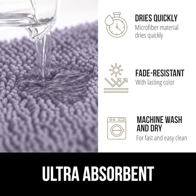 GORILLA GRIP Bath Rug Mat 44x26 Thick Soft Absorbent Chenille, Quick Dry Microfiber Mats, Rubber Backing Washable Shower Floor Rugs, Bathmat Runner Bathroom Home Decor Accessories Light Purple