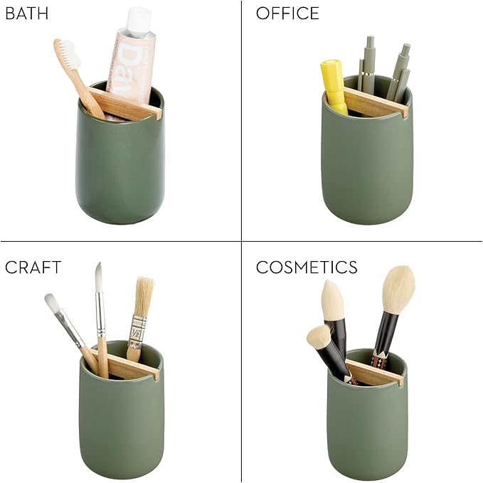 iDesign Ceramic Earth Collection Toothbrush Holder with Paulownia Wood Divider, Moss/Natural Wood