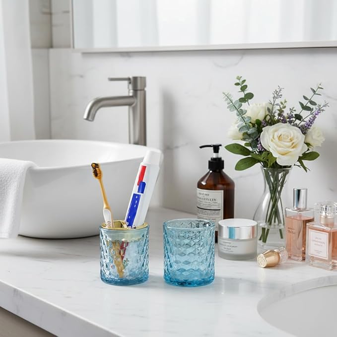 2pcs Blue Toothbrush Holders for Bathrooms, Glass Toothbrush Holder and Bathroom Tumbler Set, Gold Tooth Brush Cup Holder, Bathroom Counter Organizer for Brushes, Toothpaste