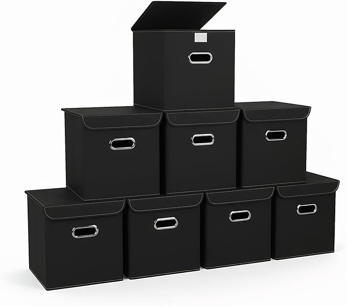 Closet Organizers Fabric Storage Bins With Lids Collapsible Cube Storage Organizer Basket With Handles,Storage Boxes for Clothes Storage,Office,Laundry,Shelves,8 Pack,（Black）