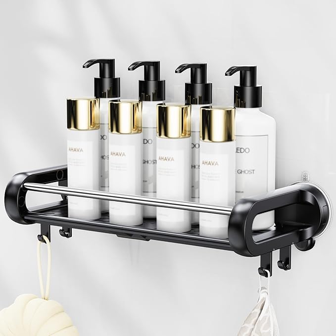 JOTPE Suction Cup Shower Shelf, Removable Shower Caddy Suction Cup with Large Capacity, Storage Suction Powerful Max Hold 22lbs, No Drilling Shelves for Bathroom Storage & Home Decor, Black