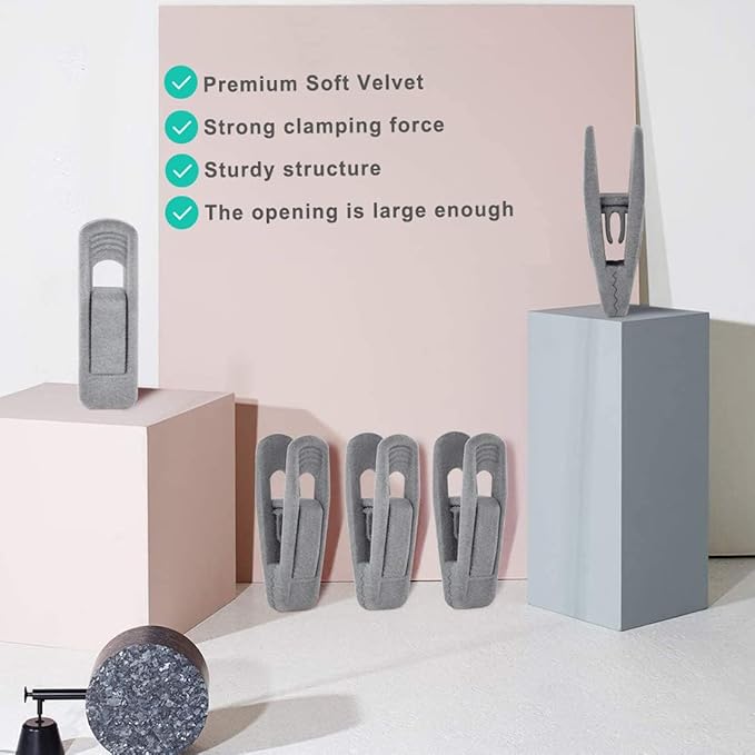 Grey Velvet Hangers Clips 50 PCS, Non-Slip Velvet Skirt Hanger Clips for Velvet Hangers, Strong Finger Clips Perfect for Kids Velvet Hangers Skirt Pant Clothes Gray Velvet Hangers