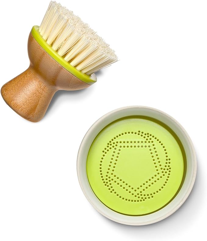 Full Circle Bubble Up Bamboo Dish Brush – Family Safe, Formaldehyde-Free–Ergonomic Palm Scrubber with Handle for Kitchen Cleaning, Dish Scrub Brush for Nonstick, Cast Iron & Sink, Green