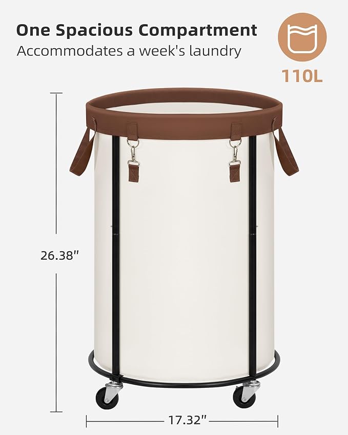 STORAGE MANIAC Rolling Laundry Hamper with Wheels 110L Laundry Basket, Round Laundry Cart with Metal Frame and Removable Bag, Clothes Hamper for Bedroom, Bathroom, Dorm Room, Laundry Room, Beige