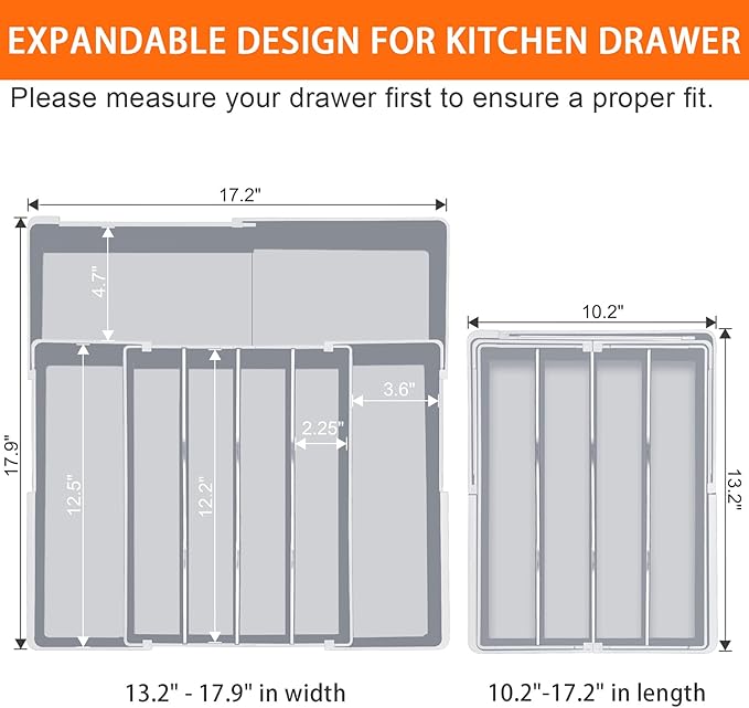 Large Kitchen Silverware Organizer - Expandable 17.2" x 17.9" Adjustable Drawer Tray, 4-7 Compartments for Maximum Storage, BPA-Free, Grey