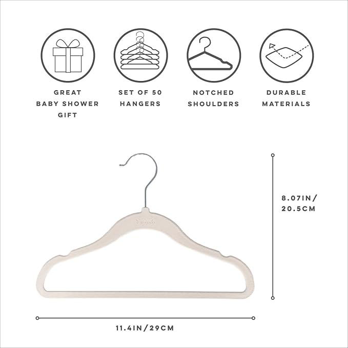 3 Sprouts Velvet Baby Hangers - Non-Slip Hanger for Infant, Toddler, Baby Clothes - Closet Kids Hangers with Slim Design, Nordic Colors, Pack of 50 - Cream