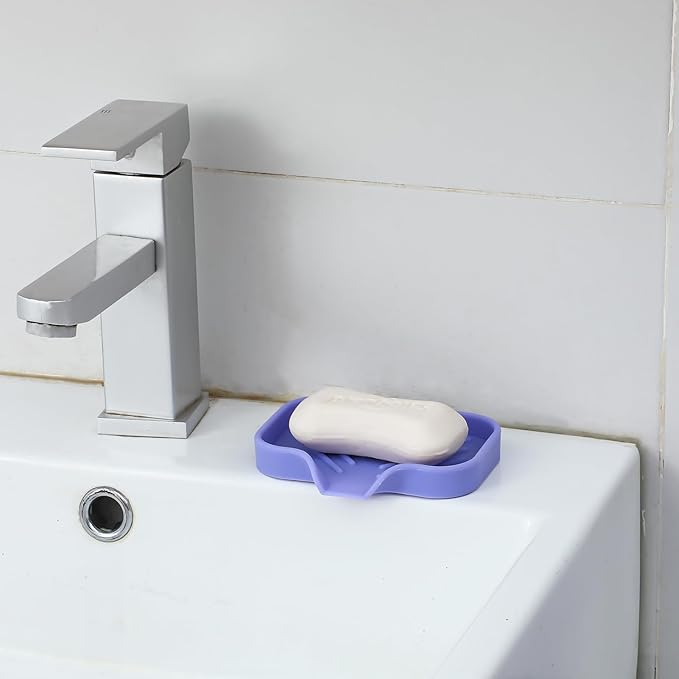 MicoYang Silicone Bathroom Soap Dishes with Drain Spout-Bathroom and Kitchen Sink Organizer,Sponge Holder,Dish Soap Tray,Perfect for Dispenser,Scrubber,Bottle on Sink or Counter-Light Purple 4.9"×3.2"