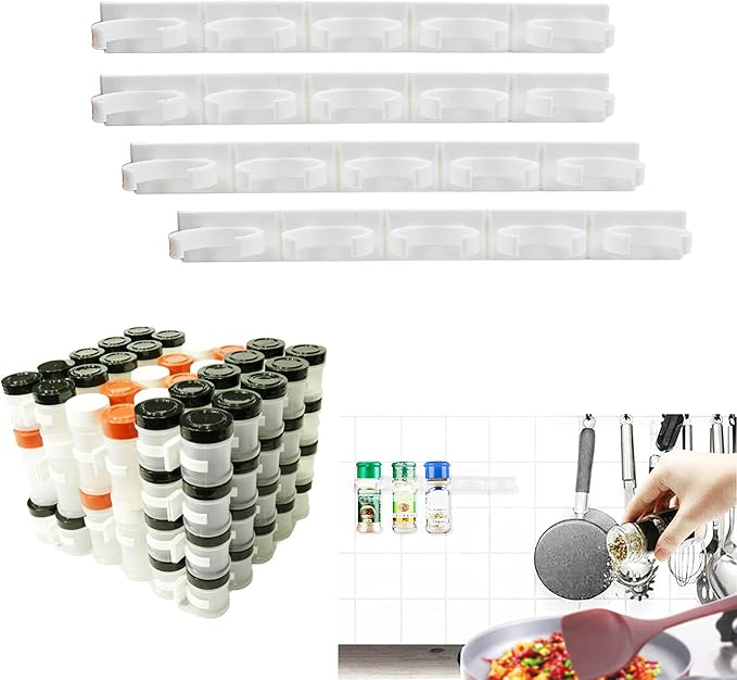 4 Pack 20-Clips Spice Gripper Clip Wall Mounted Kitchen Spice Jar Rack,Organizer Rack,Seasoning Jar Storage Holder,Bottles Clip,Cupboard Spice Rack Cabinet Door with Adhesive Tape