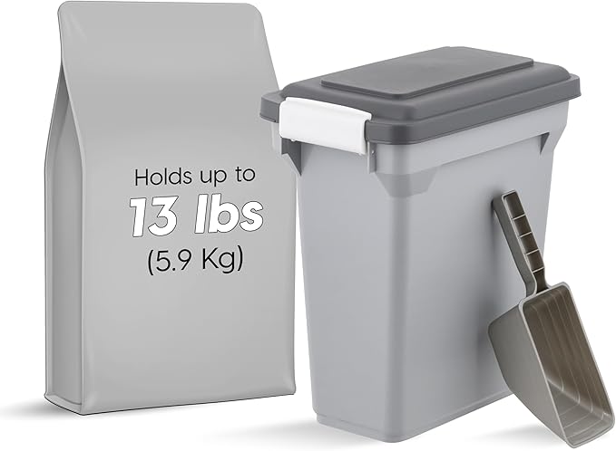 IRIS USA Dog Food Storage Container, Airtight Lid, 2-Cup Scoop, Up to 13 Pounds Pet Food Storage, Versatile Pet Food Bin, Treats, BPA Free, Gray/Dark Gray