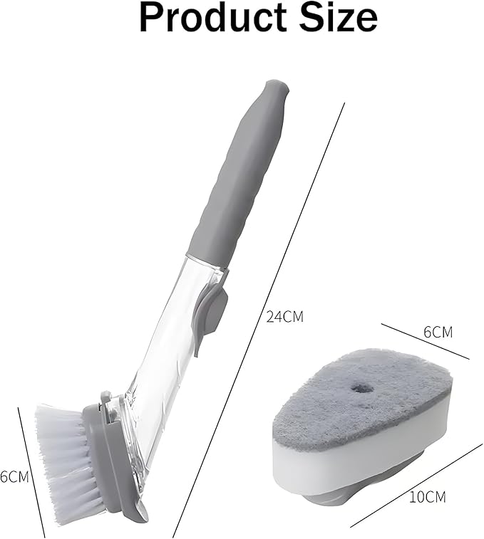 Soap Dispensing Dish Brush with Holder, Kitchen Pot Pan Scrub Brush Set with Replaceable Brush Head, Sink Cleaning Brush with Storage Tray (3-Piece Set Sponge Head)