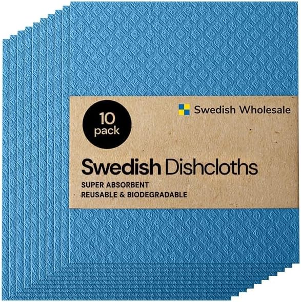 Swedish Wholesale Dishcloths Reusable 8" x 7" Sponge Cloths, Bulk 10 Pack of High Absorbent Cellulose Dish & Kitchen Cleaning Hand Towels, Wring to Dry & Machine Wash, Odor Resistant, Blue