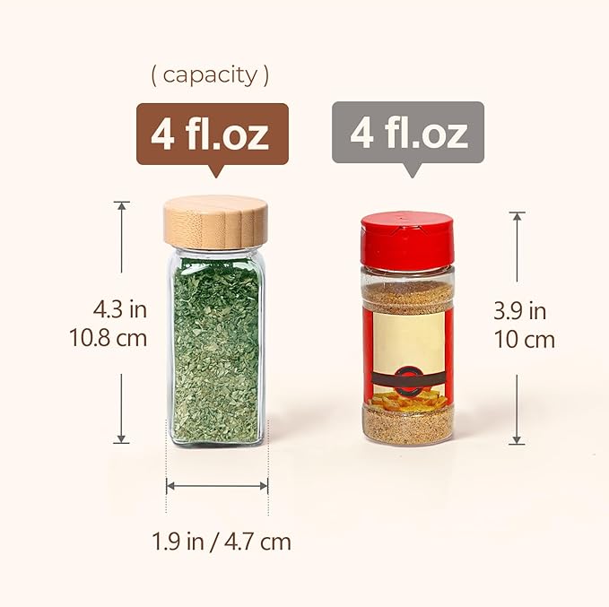 ComSaf Spice Jars with Label 4 oz 24Pcs, Glass Spice Jars with 6 Extra Shaker Inserts and 93 Labels, Seasoning Set with Bamboo Lids and Metal Funnel, Square Containers for Organization, Salt, Pepper